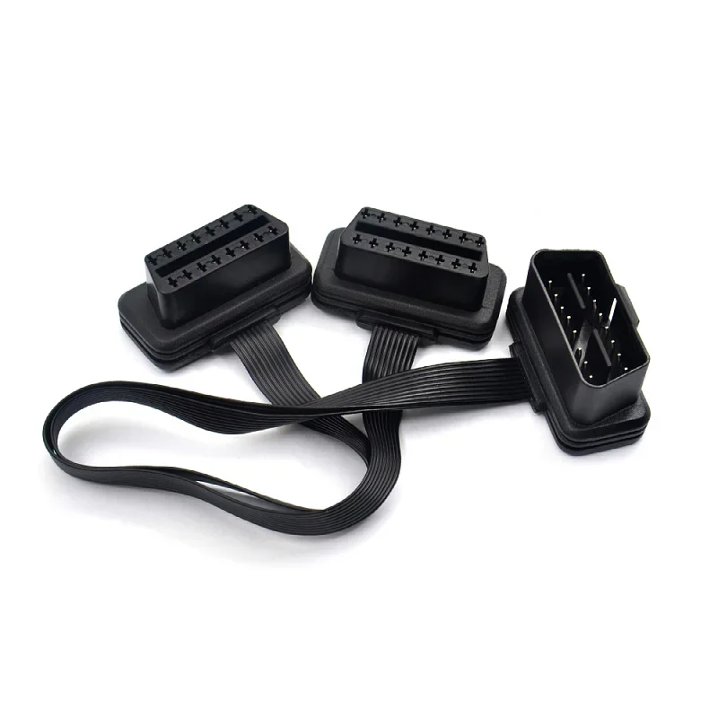 1PC Flat+Thin 16Pin OBD 2 Extender OBD2 16 Pin ELM327 Male To Dual Female Y Splitter Elbow OBDII Extension Connector Cable 0.3m