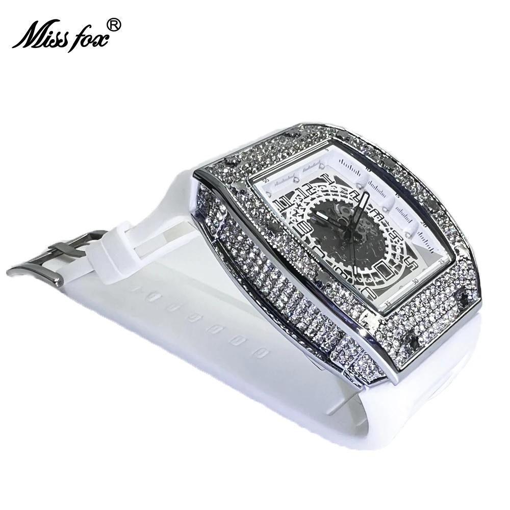 

MISSFOX Luxury Brand Men Watch Fashion Tonneau Quartz Diamond Wristwatch White Rubber Band Creative Hollow Out Relogio Men Gift