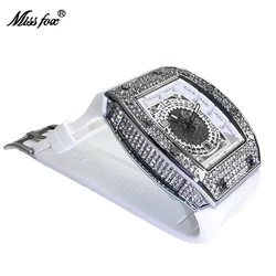 MISSFOX Luxury Brand Men Watch Fashion Tonneau Quartz Diamond Wristwatch White Rubber Band Creative Hollow Out Relogio Men Gift