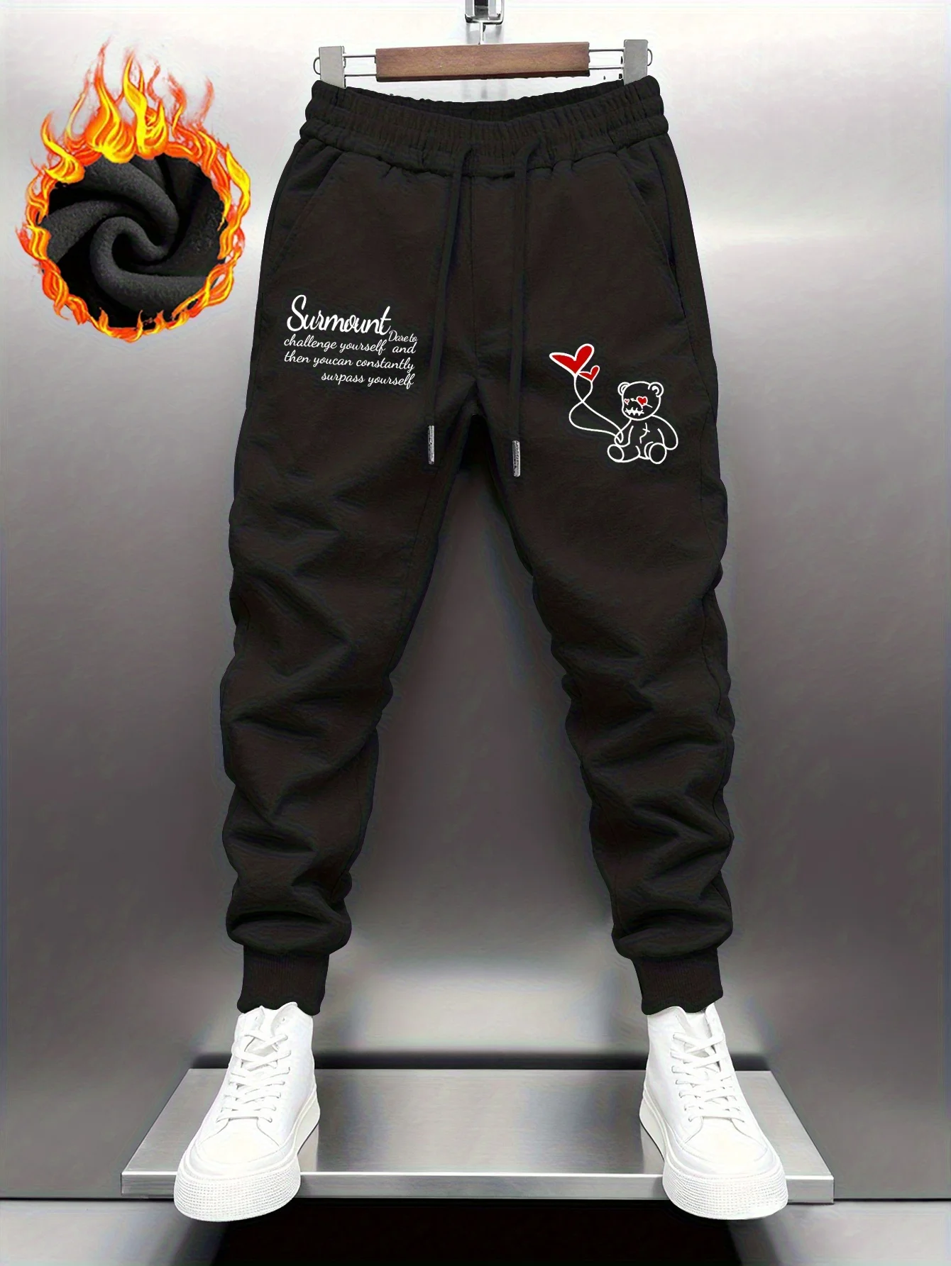 Cute‑cartoon bear heart‑balloon letter artwork stylish tapered fitted sweatpants men hip hop sports jogger trousers