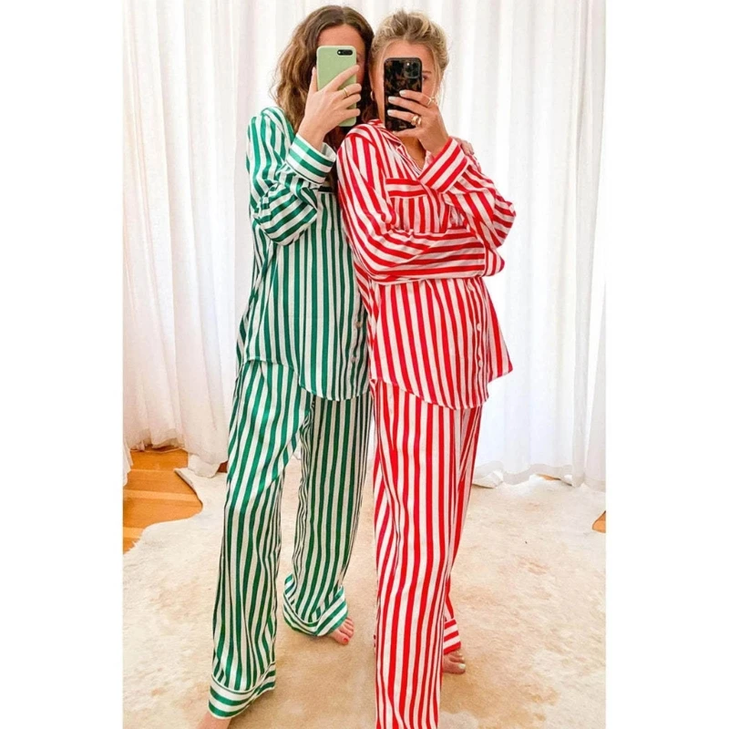 2023 New Women 2 Pieces Christmas Striped Long Sleeve Button Shirts and Pants Imitation Silk Pajamas Set Sleepwear Home