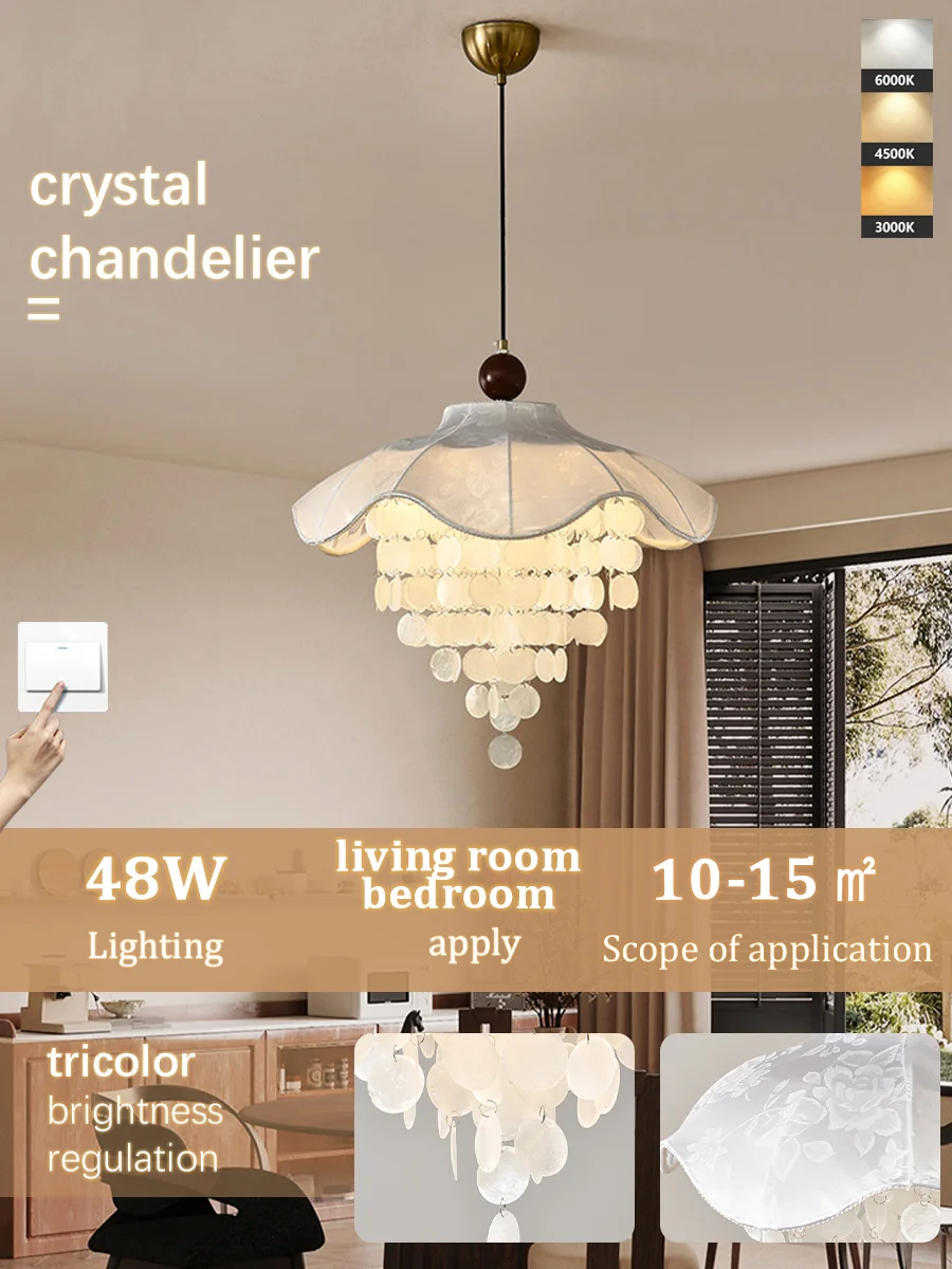 Modern Wood Crystal Ceiling Chandelier, Wave‑Shaped Wooden Frame Crystal Hanging Lamp for Living Room Bedroom Home Decor