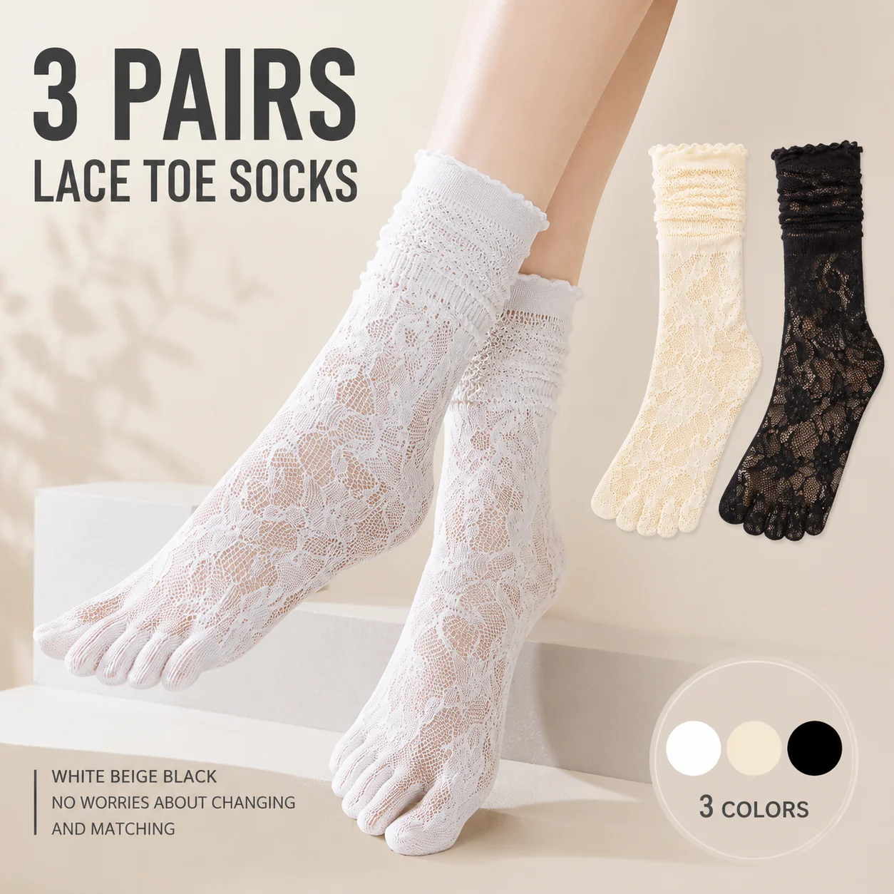 3 Pairs Women Lace Socks Thin Mesh Summer Toe Socks Cotton Hollow Out Floral Five Finger Socks with Separate Fingers Dancing