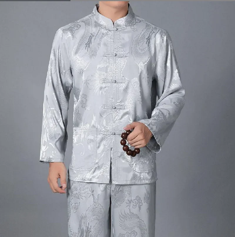 Wholesale New Chinese Traditiona Men Silk Satin Kung Fu Suit Tang Suit Sets Long Sleeve Jacket Pants Dragon Wu Shu Tai Chi Sets