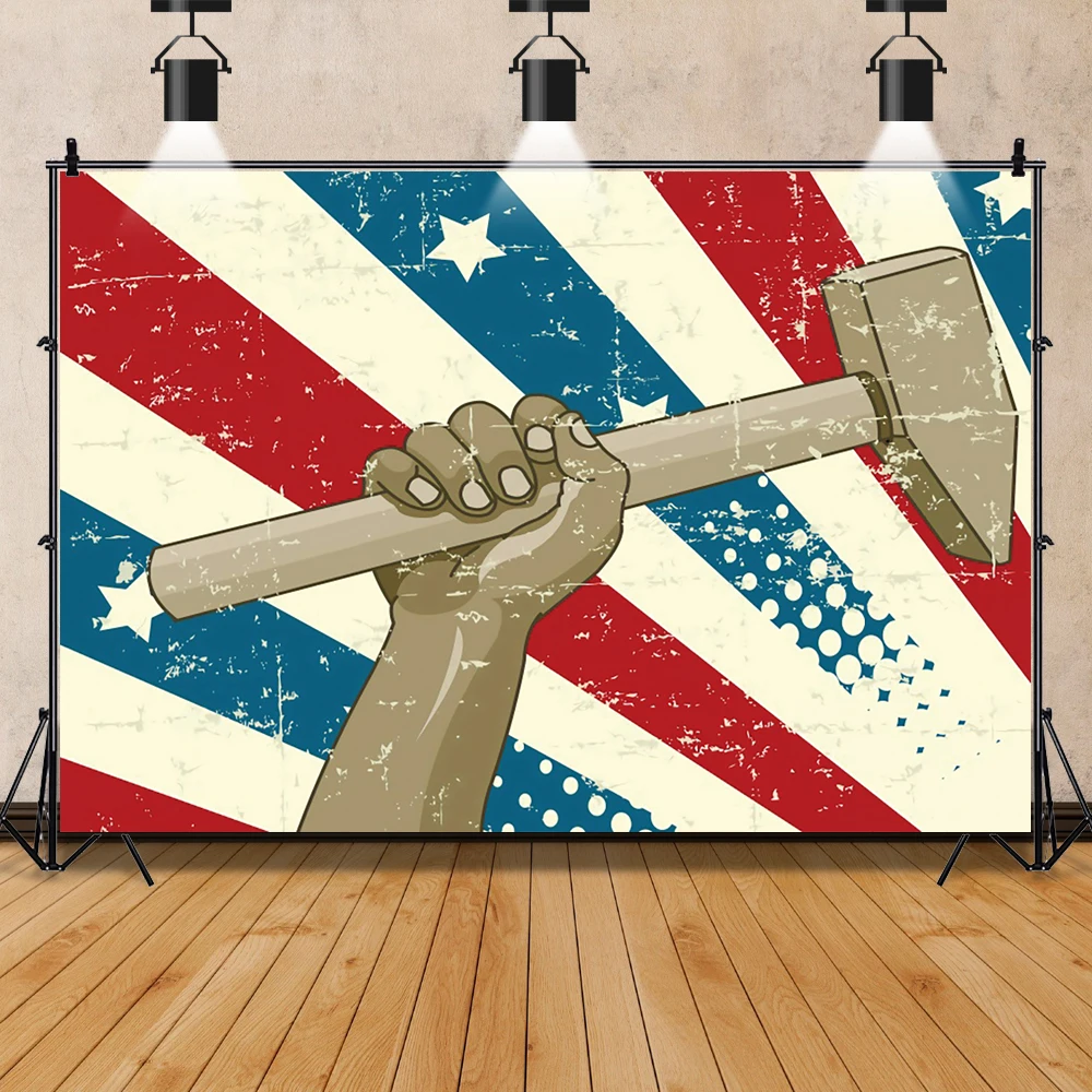Laeacco Happy วันแรงงานฉากหลังสำหรับถ่ายภาพ Grunge American Flag ค้อนเด็กผู้ใหญ่วันหยุดฉลองภาพพื้นหลัง