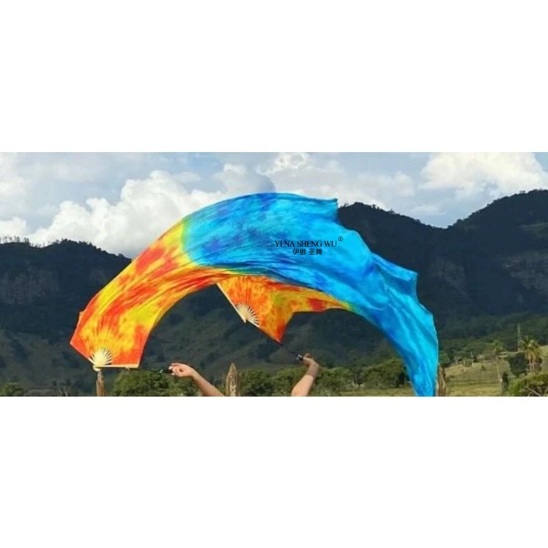 Velo de danza del vientre de seda 100%, abanico largo teñido a mano, accesorio de competición de danza del vientre para mujer, abanicos ligeros y fluidos, 1 unidad/1 par