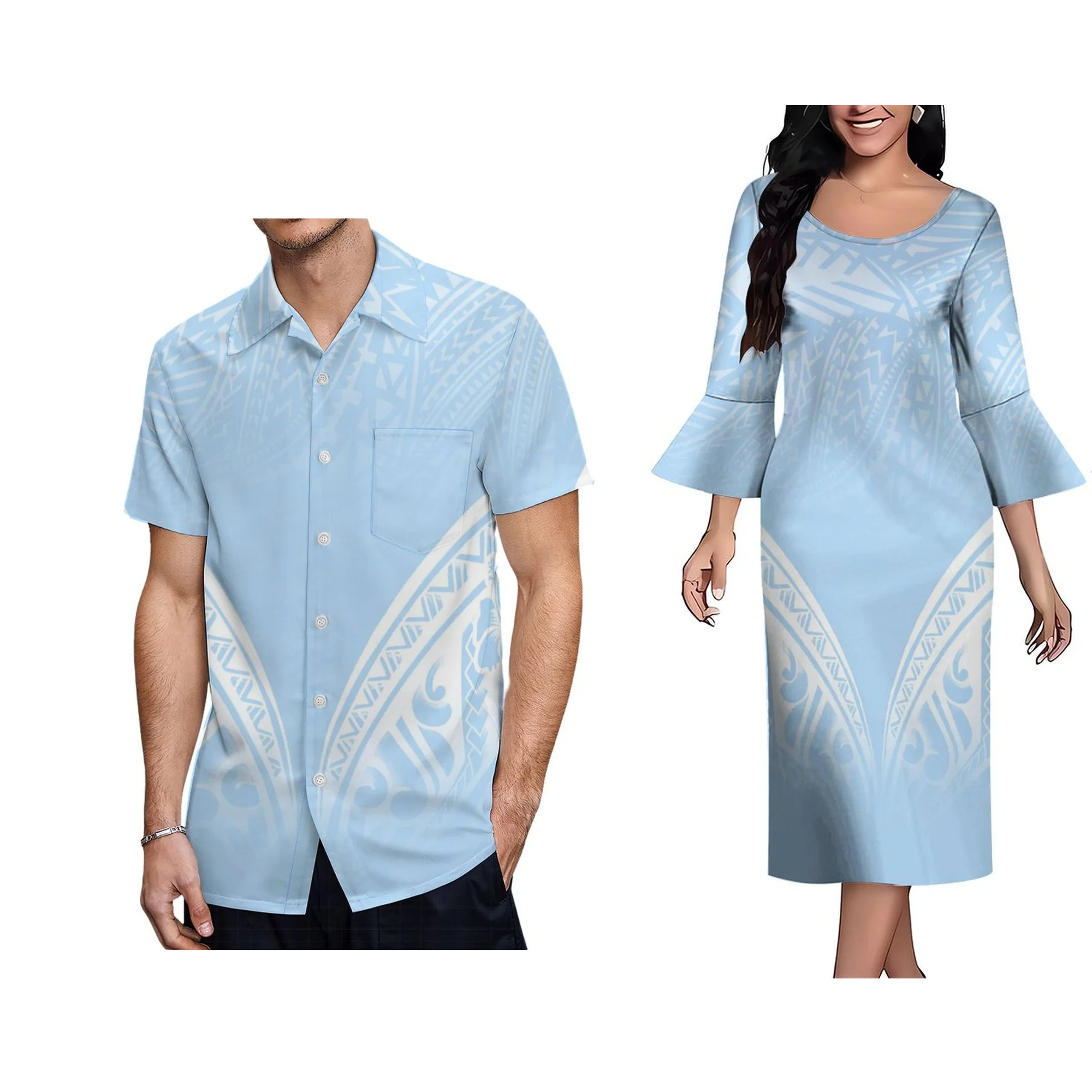 

New Fall Samoan Island Design 3/4 Flare Sleeve Long Dress Elegant Crew Neck Dress Ladies Custom Plus Size Womens Clothing