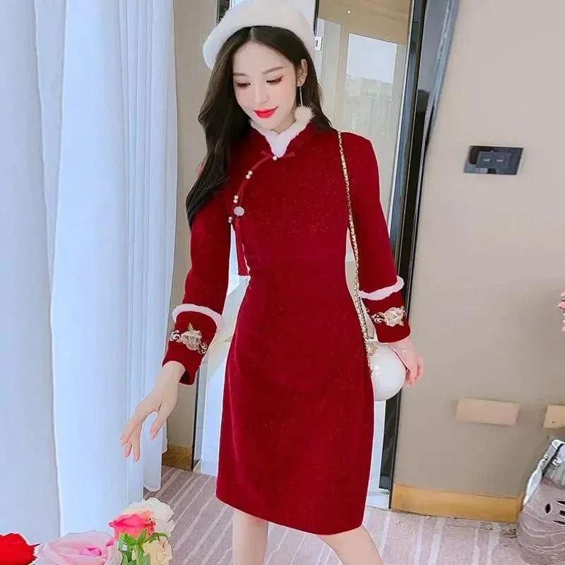 

Autumn Winter Women Red Cheongsam Dress 2023 New French Temperament Long Sleeve Girl Elegant Dress High End Base Dress Vestido