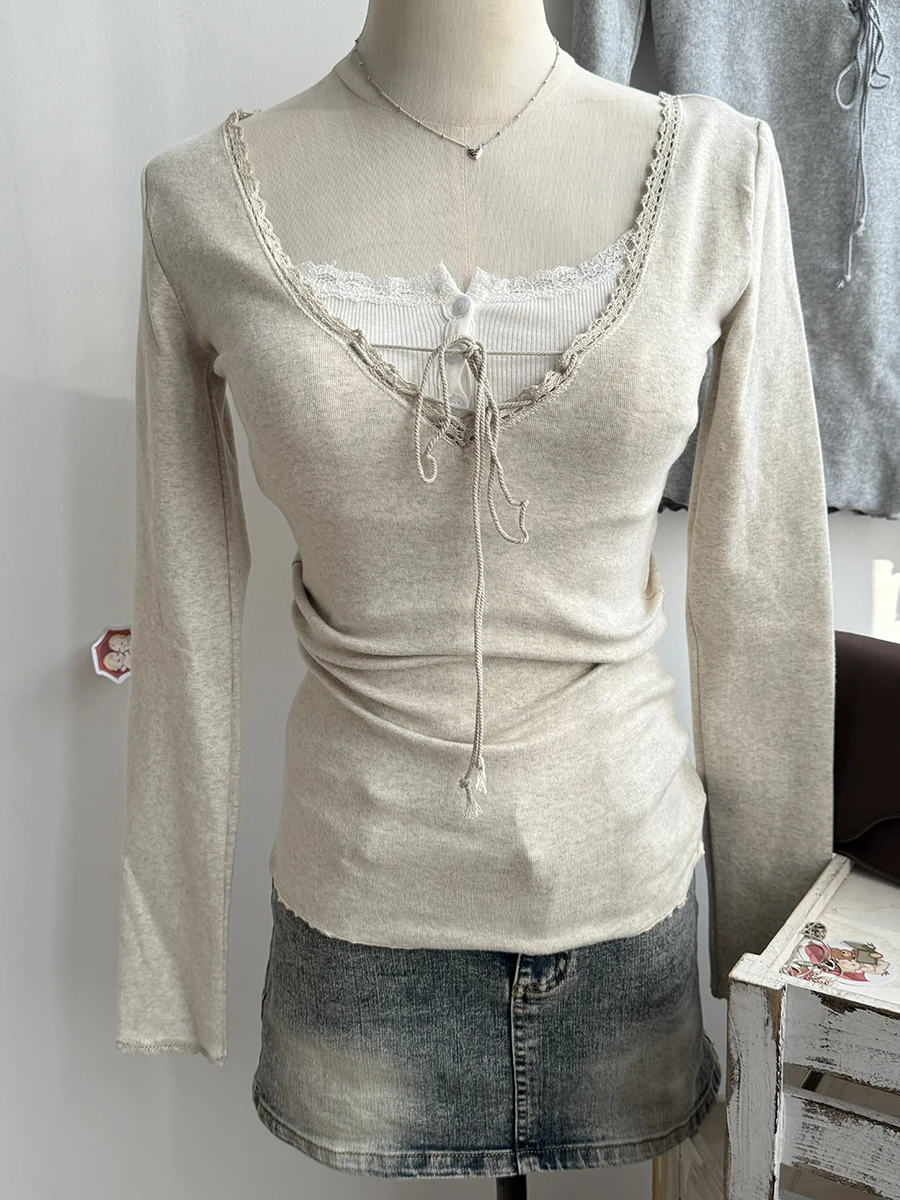Beige Lace Trim Long Sleeve Tees Women Autumn New Streetwear 