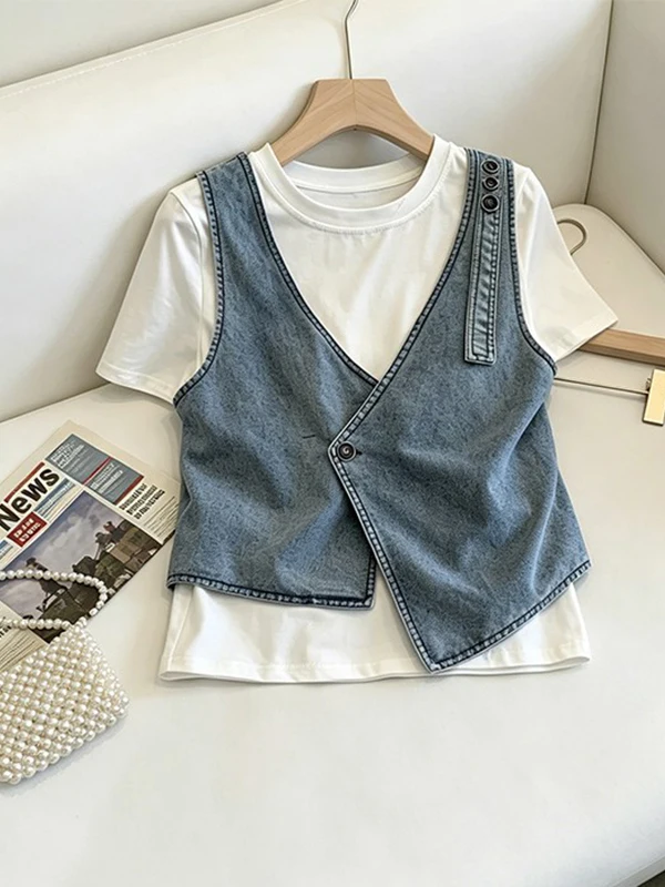 

Summer 2026 New Style Denim Patchwork Short Sleeve T-Shirt for Plump Women Shoulder-Length Design Breathable Skin-Friendly Ca...