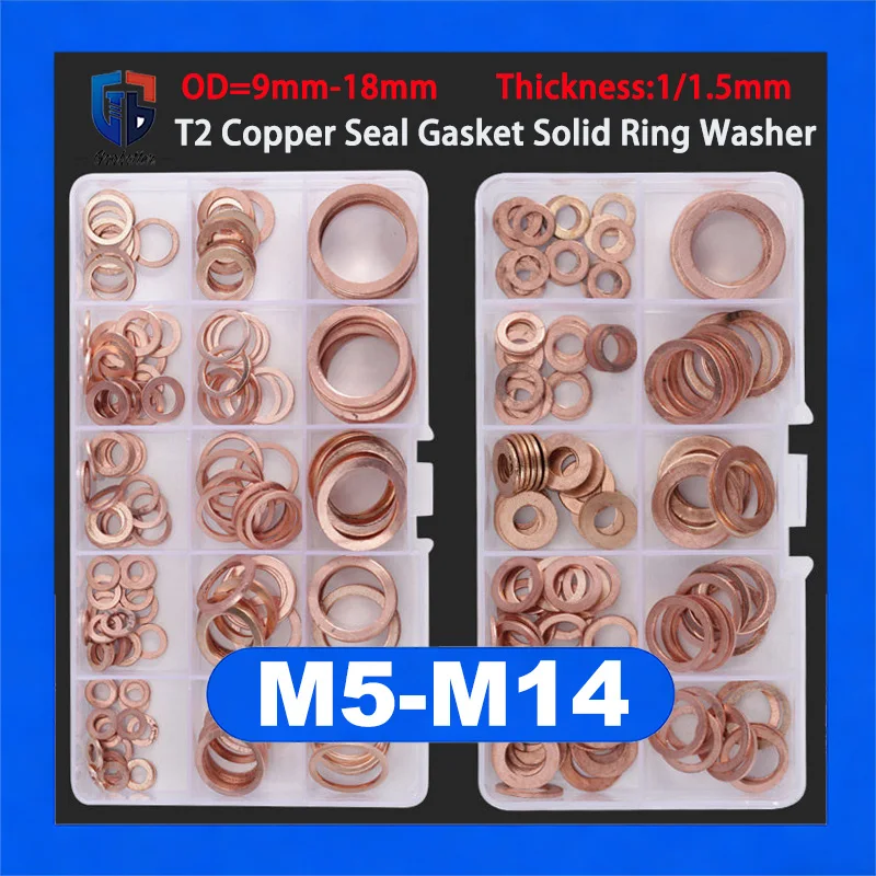 M5 M6-M14 Pure Copper Flat Washer Red Copper Seal Gasket Solid Ring Washer Oil Seal Gasket Industrial Hardware Sealing Fastener