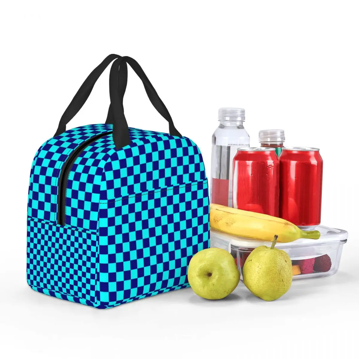Borsa per il pranzo isolata scozzese personalizzata ciano e blu navy a scacchiera da donna Borsa termica per il pranzo a tenuta stagna per ufficio, lavoro, scuola