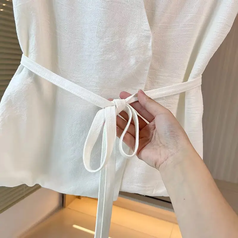 Maxdutti French Office Ladies Lazy Lace Up Waist Shirt Minimalist White Short-sleeved Blouse Women Tops Summer Suit