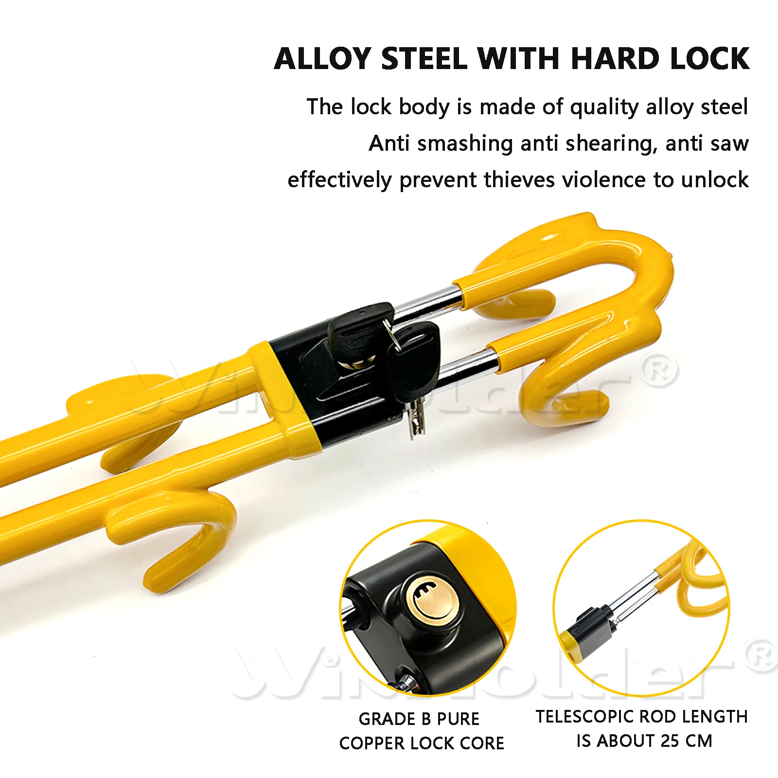 قفل عجلة القيادة مضاد للسرقة، جهاز سيارة آمن عالي التحمل، مشبك بطول قابل للتعديل، أقفال خطافية مزدوجة، مقاس عالمي (أصفر)