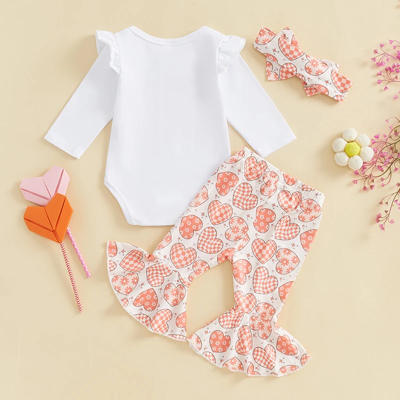 Valentine s Day Baby Girl 3-Piece Set Heart Print Romper Flare Pants and Matching Hair Band Outfit for Infants