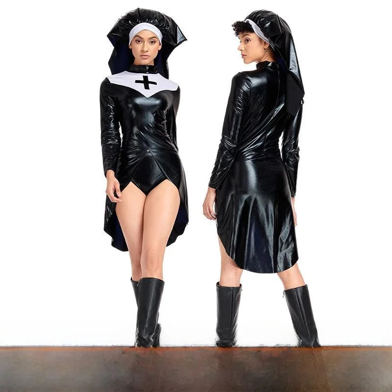 

Halloween PU Leather Nun Costume Cosplay Style Traditional Chinese Ethnic Women's Fashion Stage Performance Clothing