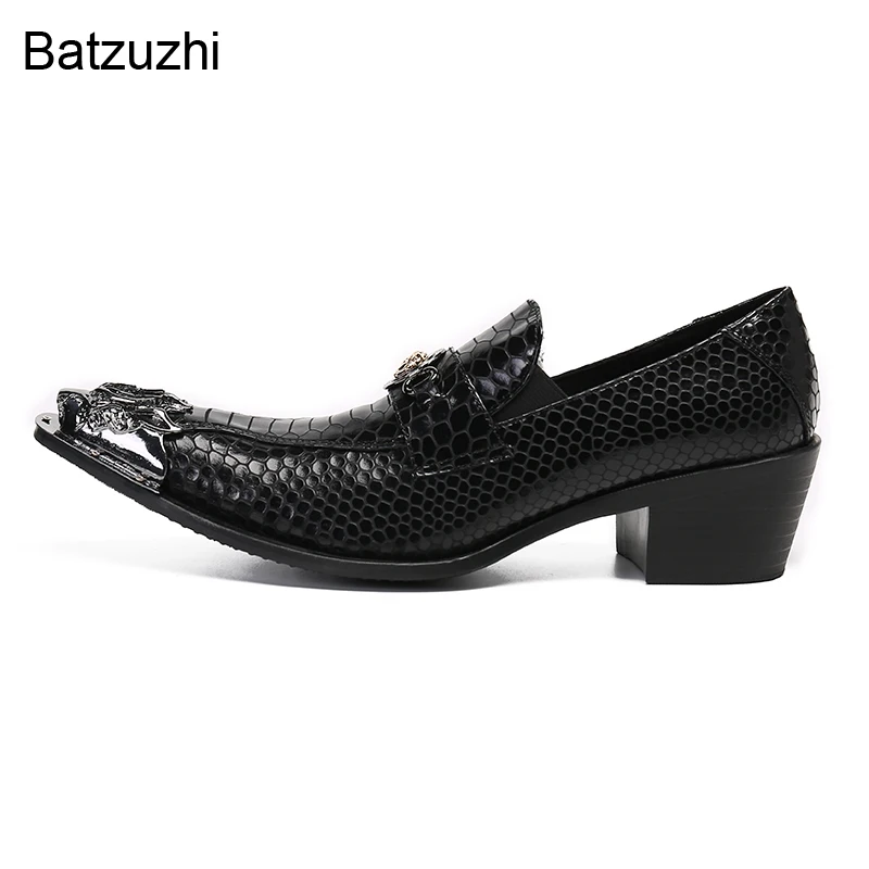 Batzuzhi 6CM obcasy zwiększają czarne prawdziwa skóry buty sukienka żelaza Toe Slip na biznes, imprezę i wesele Zapatos Hombre, 38-46