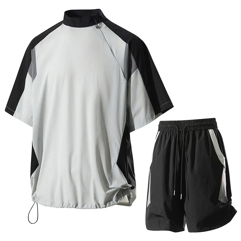 Men's Contrast Color Short Sleeve Pullover Casual Turtle Top Elastic High Waist Shorts Fashion Suit