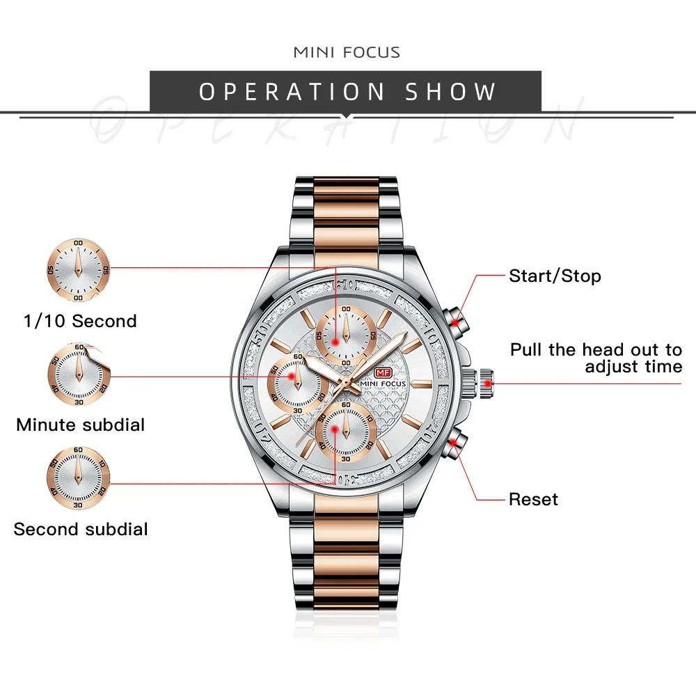 MINI FOCUS 0615L Luxury Diamond Quartz Watches for Women Waterproof Calendar Luminous Chronograph Steel Strip Reloj Mujer
