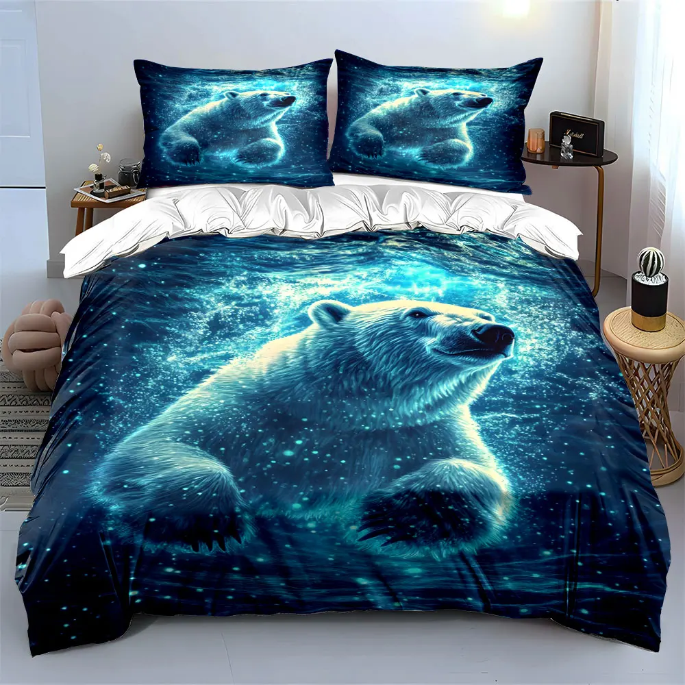 Enchanting polar bear swimming underwater Printed Duvet Cover Set 1 Duvet Cover+2 Pillowcase Multi Size Bedroom Bedding Decor