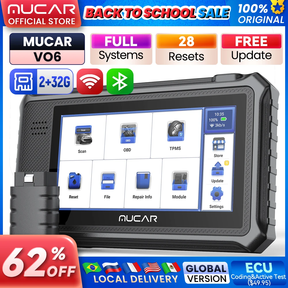 MUCAR VO6 Auto-Diagnosetools, lebenslang, kostenlose globale Version, komplettes System, 28 Resets, OBD2, bidirektionale Steuerung, Scan-Tool-Scanner