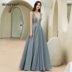 BEPEITHY Customized A-Line Gray Blue Prom Dresses Evening Dress Elegant Sleeveless V Neck Romantic Formal Dresses For Women 2023