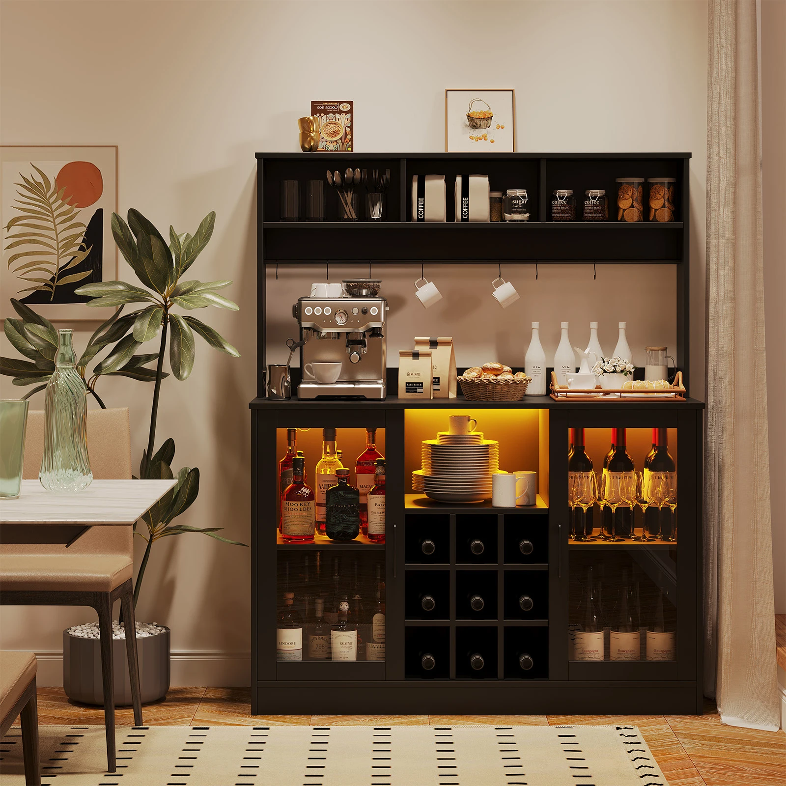 Bar & Wine Cabinets with LED Light Liquor Cabinet Coffee Bar Cabinet with Power Outlet Kitchen Buffet Sideboard with Storage