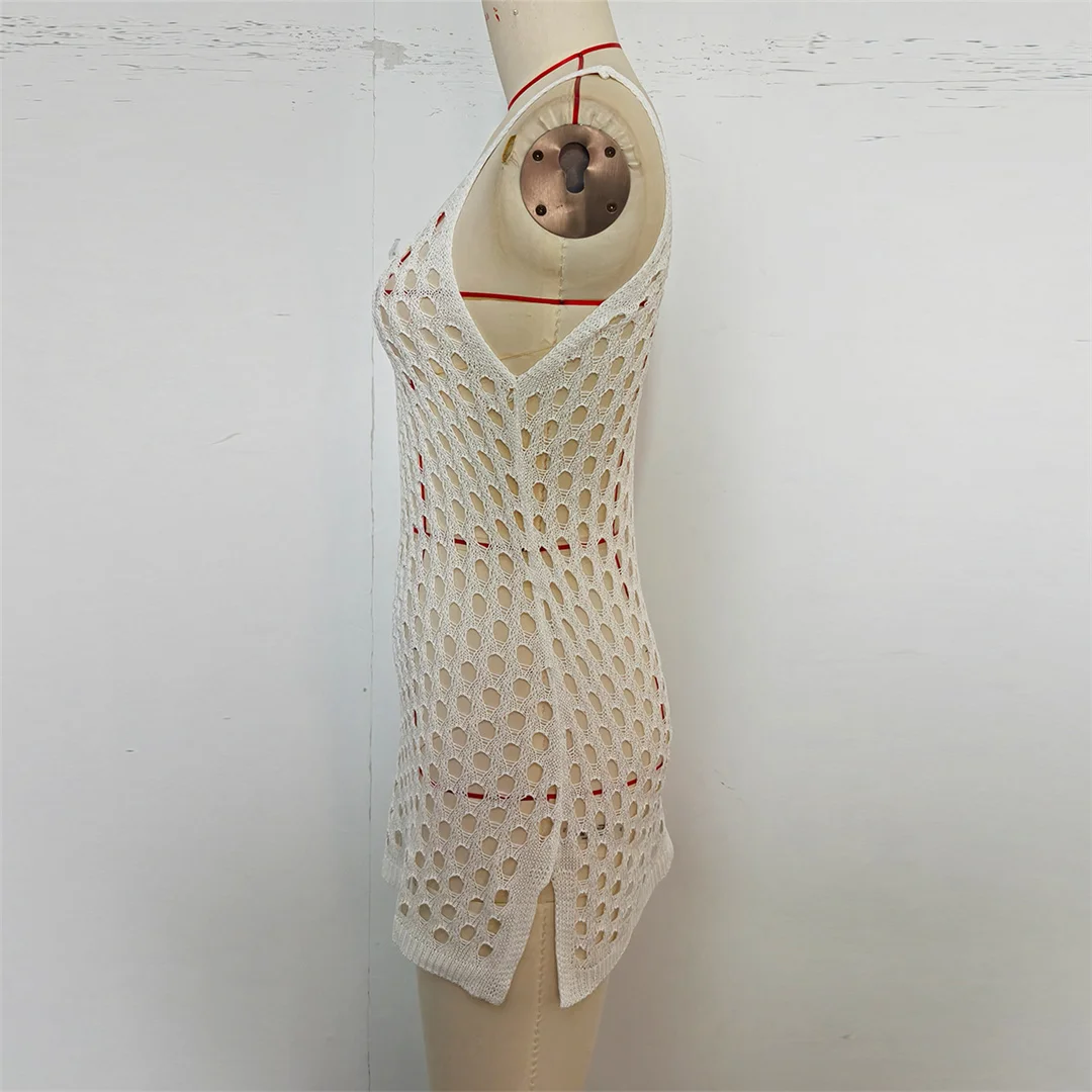 Ausgehöhlte, ärmellose, einfarbige, gehäkelte, gestrickte Tunika, Strand-Überwurf, Strandkleid, Strandmode, Damen V8246 – Detail 8