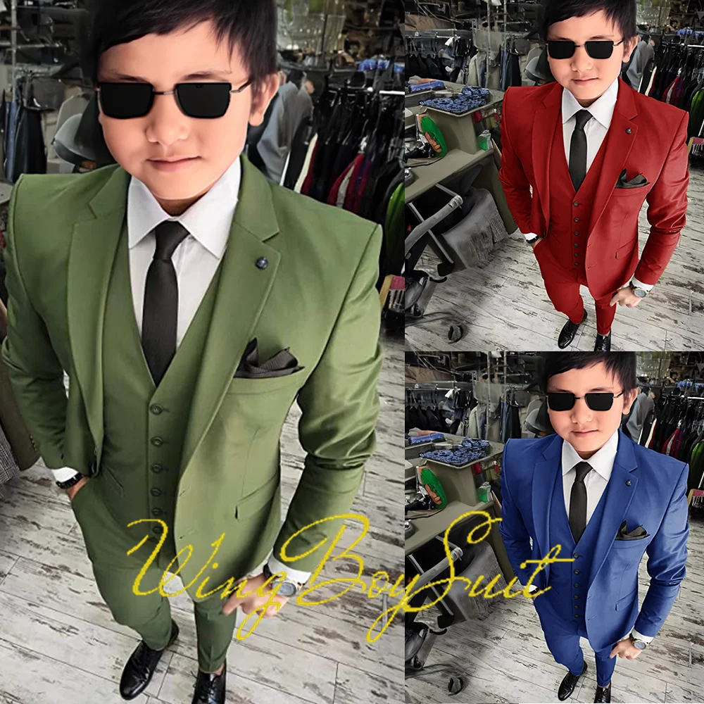 Army Green Boys Jacket Vest Pants 3 Piece Set Wedding Tuxedo Kids Suits Party Tailored Clothes 2-16 Years Blazer