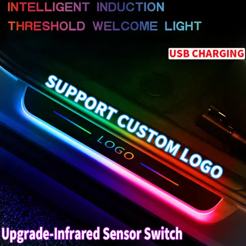 새로운 업그레이드 맞춤형 자동차 도어 씰 조명 로고 동적 RGB LED 자동차 페달 스커프 임계 값 플레이트 환영 무선 프로젝터 램프