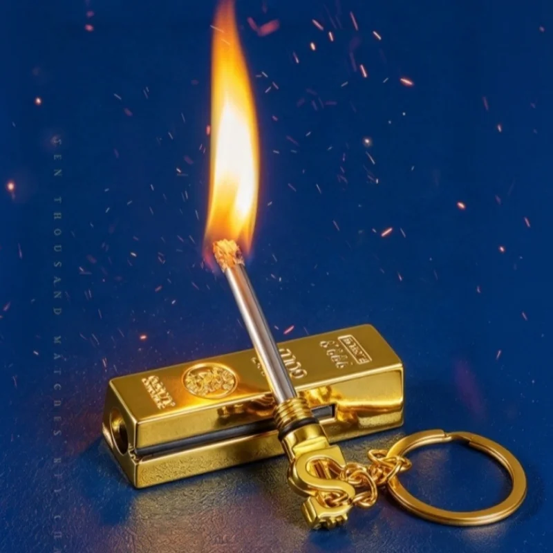 New Creative Gold Bar Shape Permanent Match Lighter Zinc Alloy Keychain Lamp Oil Waterproof Outdoor Fire Starter Men Cool Gift