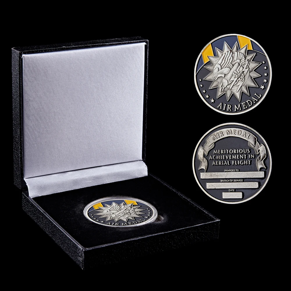 

USA Silver Eagle Air Medal Meritorious Achievement In Aerial Flight Military Challenge Coin W/ Black Luxury Box Display