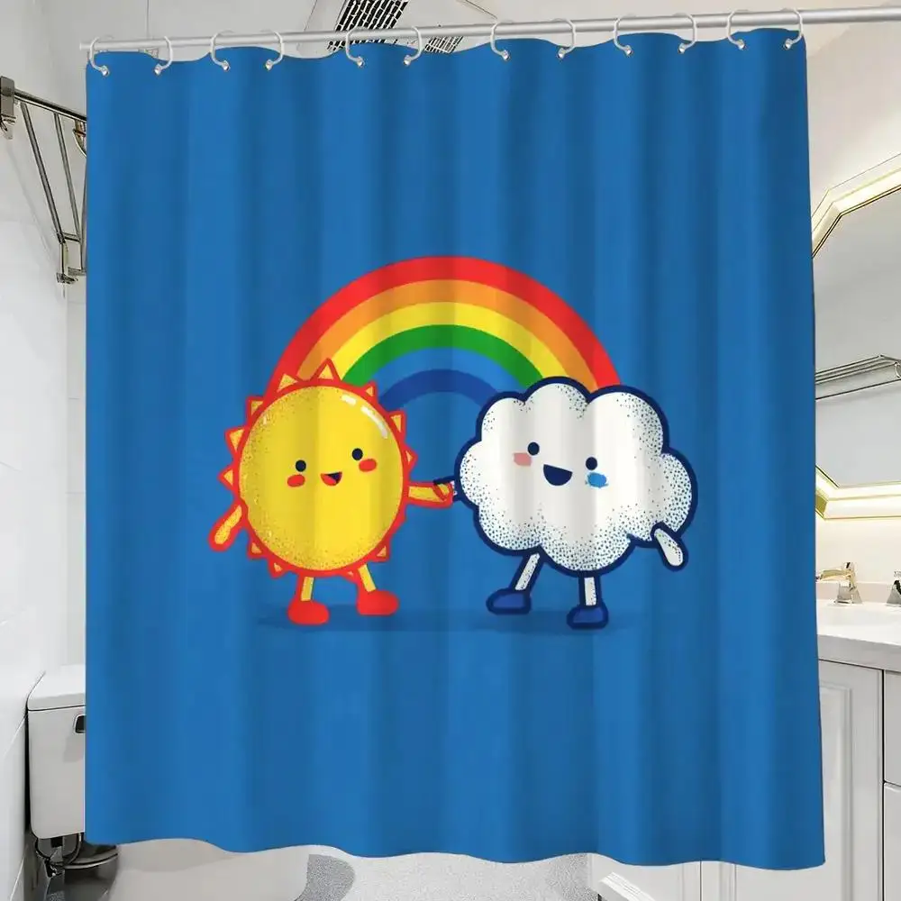 Cute Weather Cartoon Shower Curtain – Smiling Sun & Crying Cloud Holding Rainbow, 12 Hooks,  Waterproof Bathroom Decor