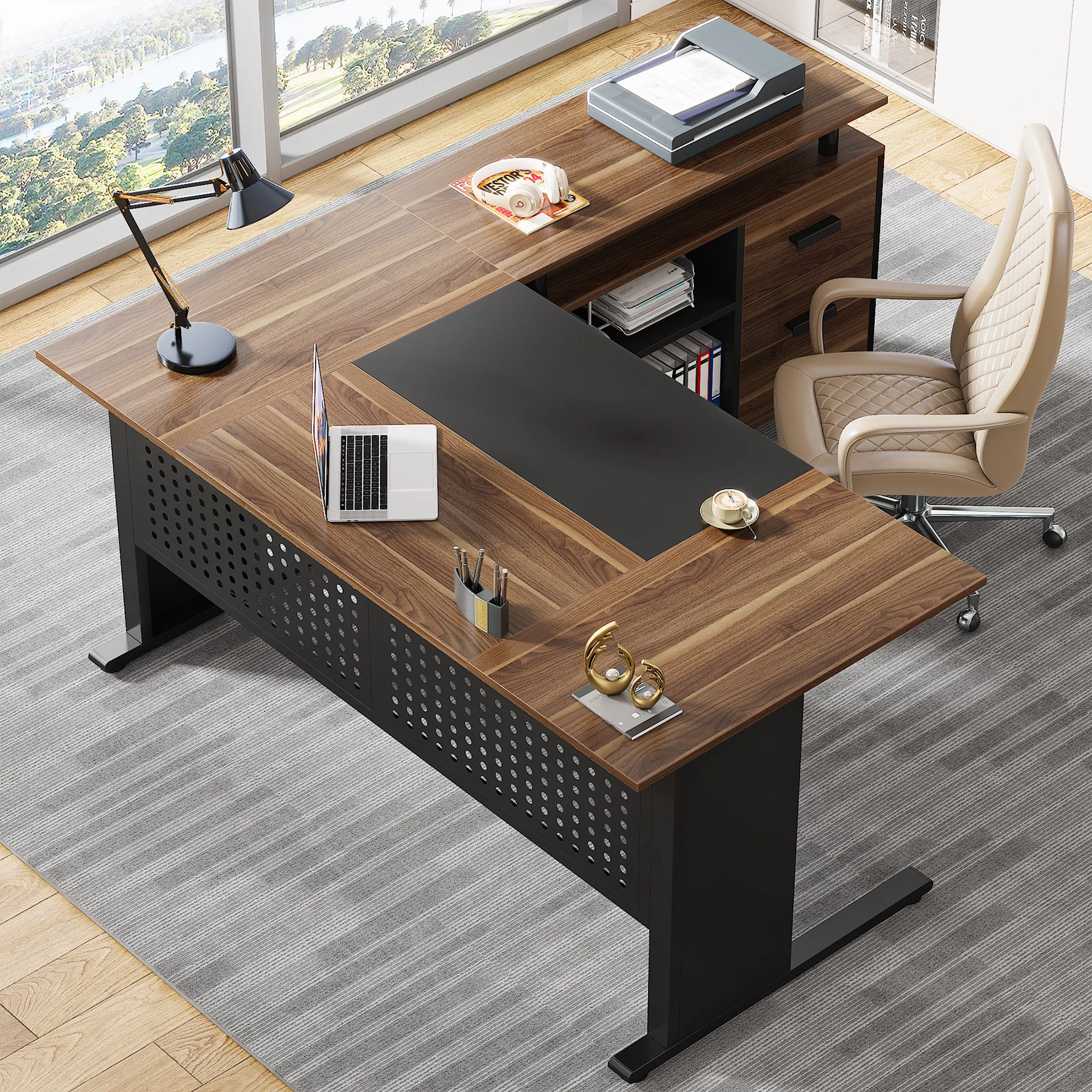 Executive Desk with File Cabinet, Large Office  L Shaped Computer Desk with Drawers and Storage Shelves