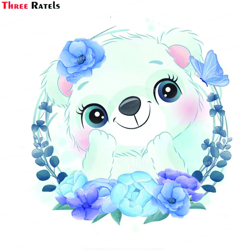 Three Ratels K695 Cute Little Polar Bear Portrait With Floral Stickers And Decals For Living Room Home Decoration Wall Stickers