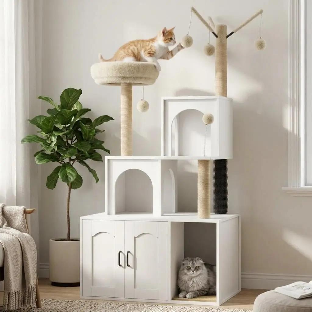 Cat Tree with Litter Box Enclosure, Modern Cat Tower,2-in-1 Wooden Cat Condo with Scratching Posts, Storage, Cave,Pompoms,Washable Removable Cushion,White