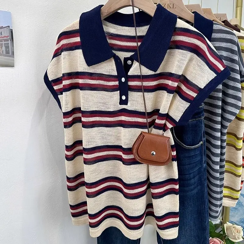 

Модная женская футболка с вязаным воротником и цветными блоками, летний дизайн, полосатый свободный повседневный топ