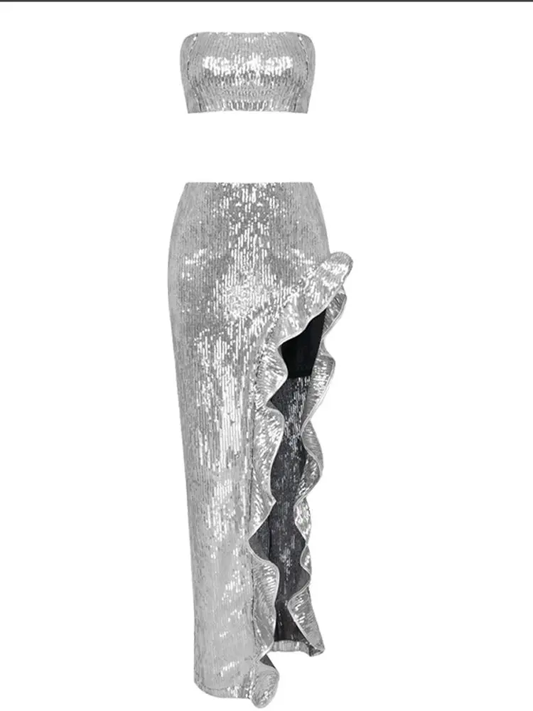 BEVENCCEL 2023 New Summer Women Silver Sequins 2-Piece Set Sexy Strapless Short Top and Ruffled Side Split Long Skirt Shiny Set