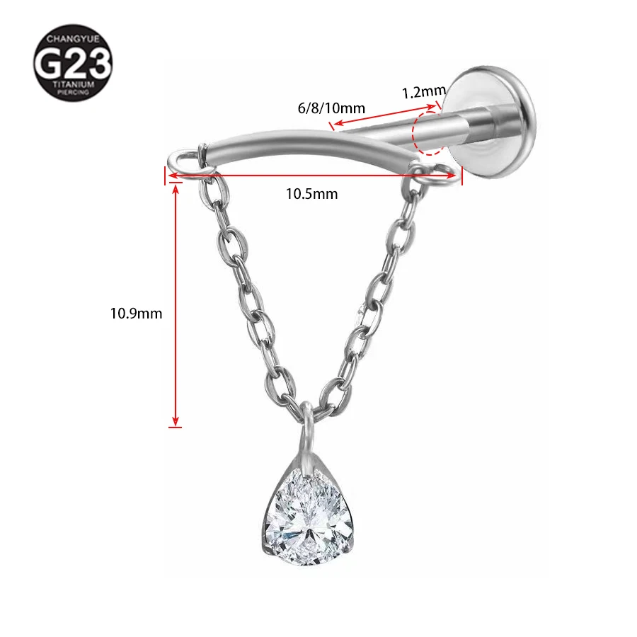 ASTM F136 Titanium Drop Pendant CZ Stud Earring with Dangle Chain Helix Cartilage Tragus Lip Flat Back Piercing 16G