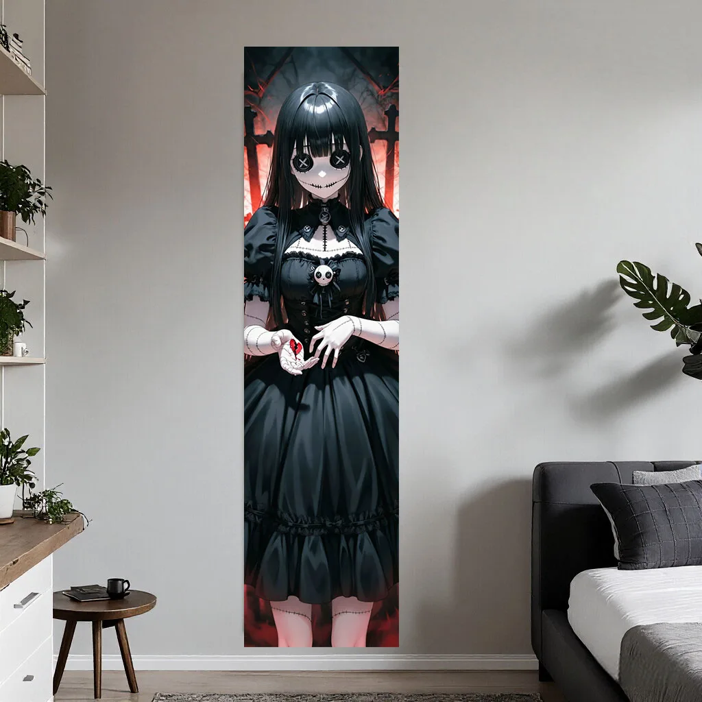 Gothic Lolita Anime Tapestry Stitched Zombie Doll Broken Red Heart Dark Spooky Print Wall Hanging Creepy Cute Aesthetic Dorm