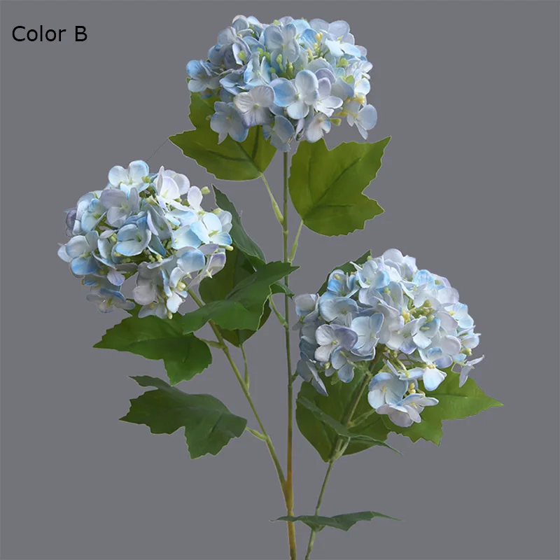 Hand feel 3 heads small Hydrangea branch with green leaves silk Artificial Flowers for Wedding home decoration