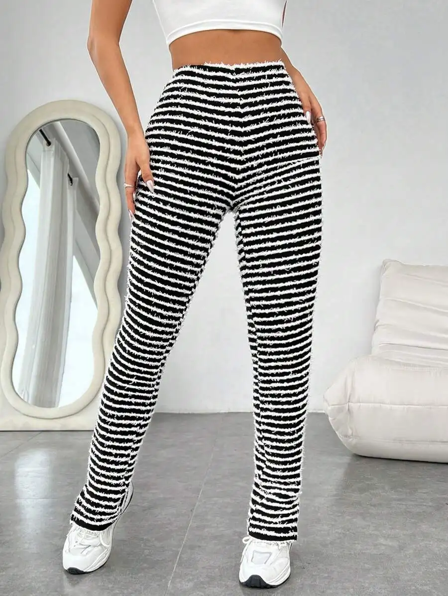 

Women Casual Striped Pants With Side Slit Hem Full Length High Waist