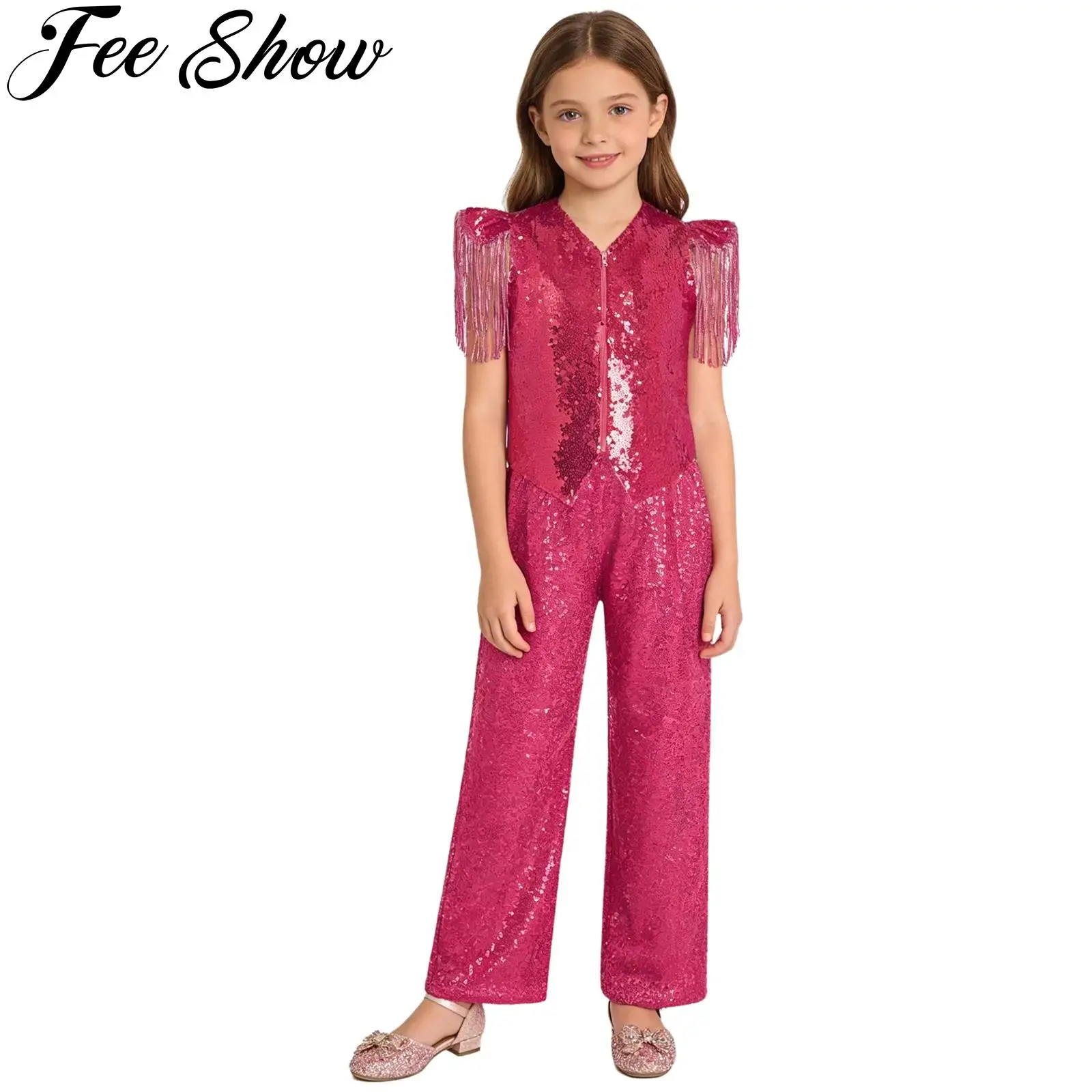 Kids Girls Metallic Shiny Disco Jazz Dance Outfit Tassels Cap Sleeves Sparkly Sequins Vest with Pants for Hip Hop Performance