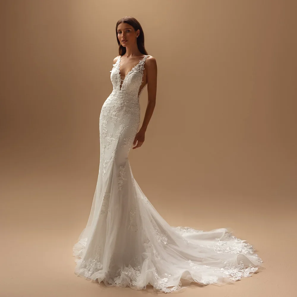 Flavinke Gaun Pengantin Seksi Putri Duyung Kustom Kerah V Tanpa Lengan Vestido De Novia Bordir Renda Jubah Buatan Antik De Mariee