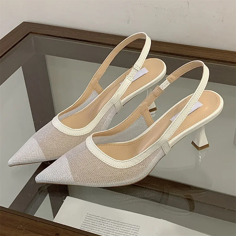 

Aneikeh White Elegance Fashion Hollow Out Mesh Women Pumps Sexy Pointed Toe Designer Low Heels Slingback Sandals Ladies Shoes