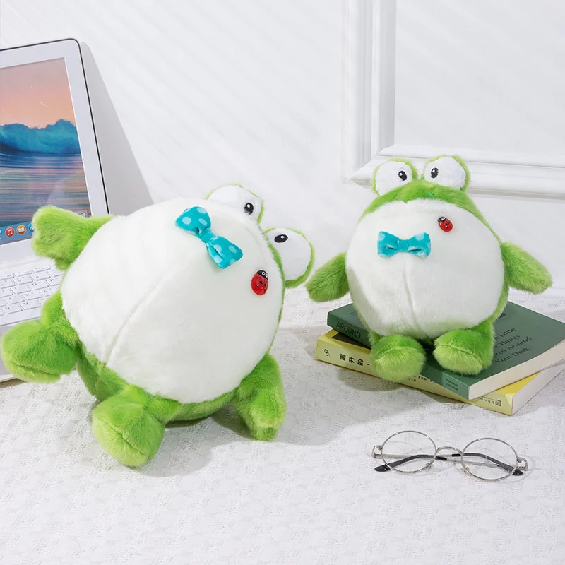 Cute Round Frog Plush Toy, Kawaii Chubby Frog Stuffed Animal Doll with Bow Tie and Ladybug, Soft Fluffy Frog Plushie Gifts.