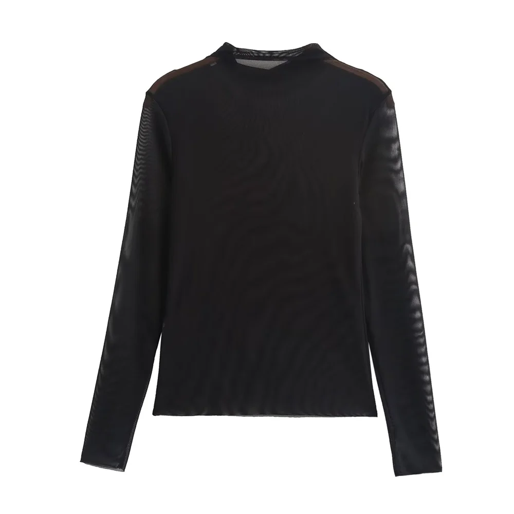 PB&ZA2024 Autumn New Women\'s Clothing Style Slimming and Versatile Half High Collar Half Transparent Silk Mesh Bottom Top