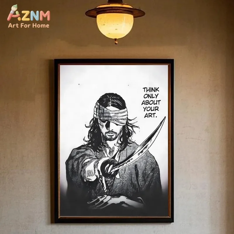 Black White Samurai Canvas Wall Art Vagabond Manga Ink Print Japanese Bushido Warrior Man Cave Wall Decor Unframed