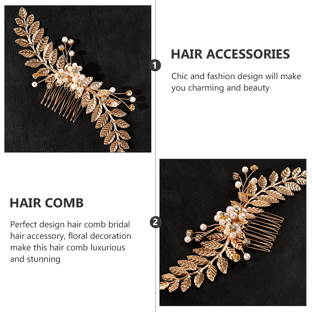 

Golden Leaves Hair Comb Elegant Rhinestone Pearl Floral Bridal Wedding Accessories Women Party Dance Anniversary