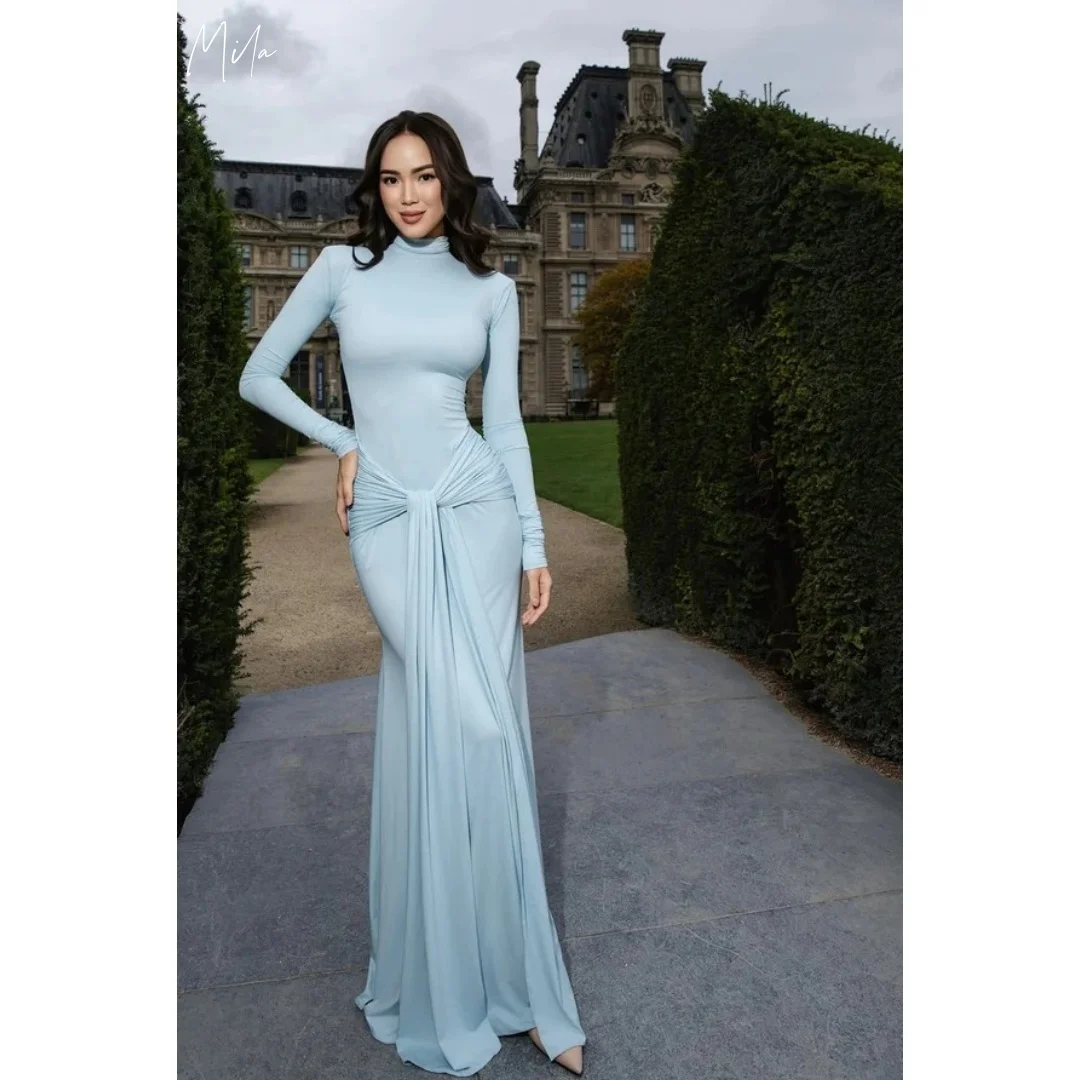 

Мила Синие платья для выпускного вечера с высоким воротом и длинными рукавами Русалка Индивидуальные вечерние эластичные четырехсторонние платья длиной до пола, платья de gala